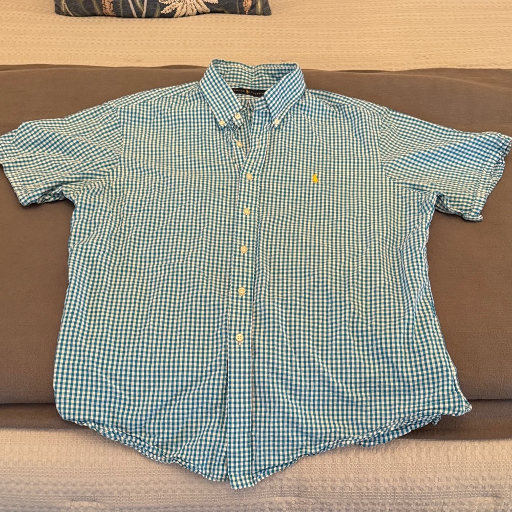 Polo by Ralph Lauren Teal and White Gingham Short-Sleeve Button-Down Shirt